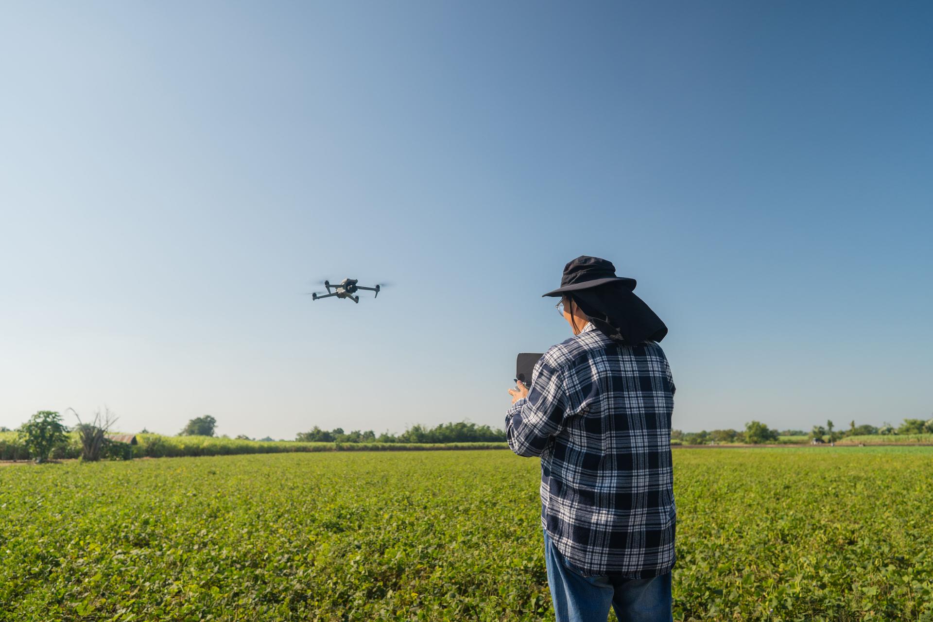 Man farmer and controlling of drone which flying above margin.
