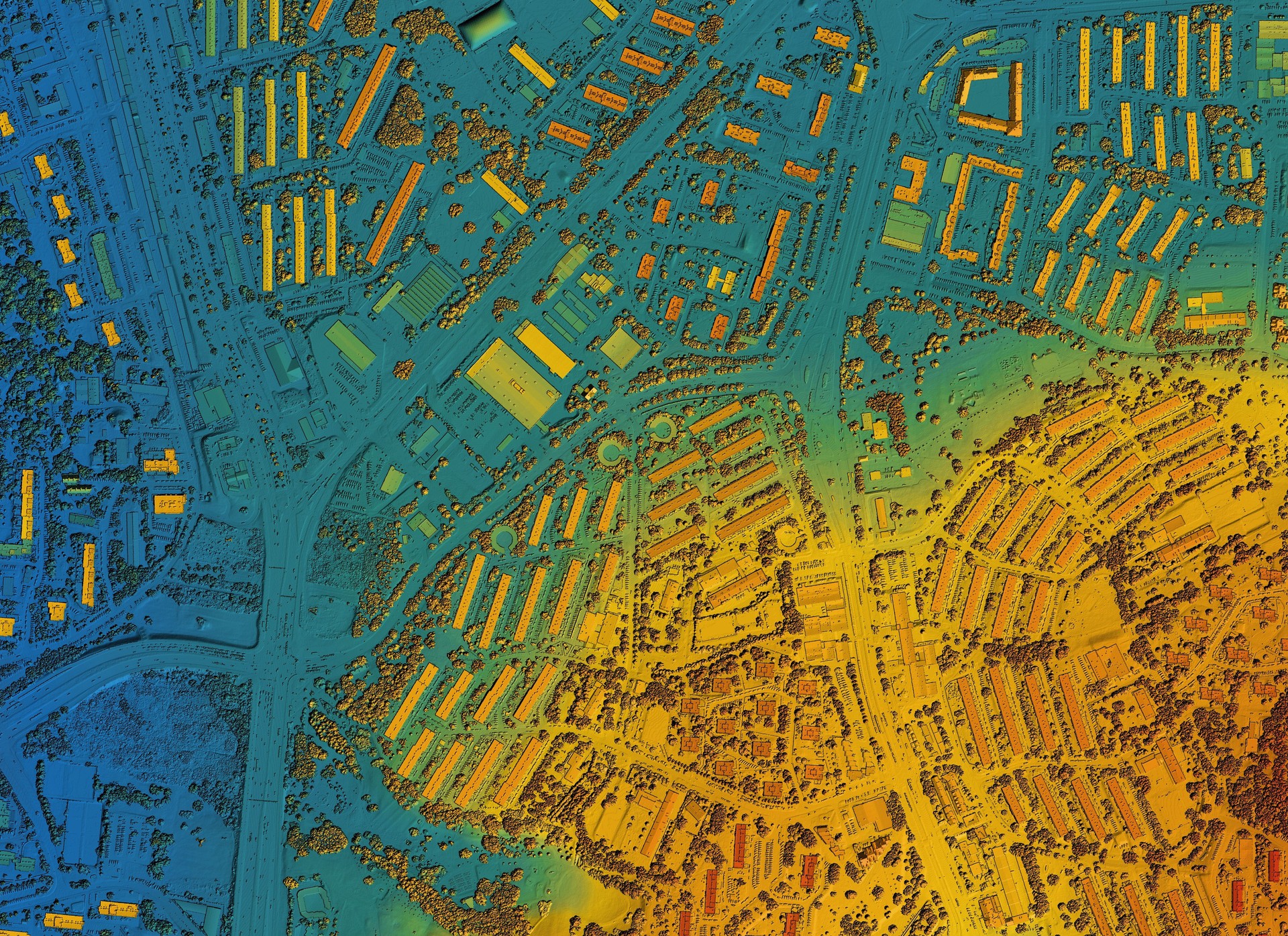 Map of urban city area with coloured geospatial data for GIS usage