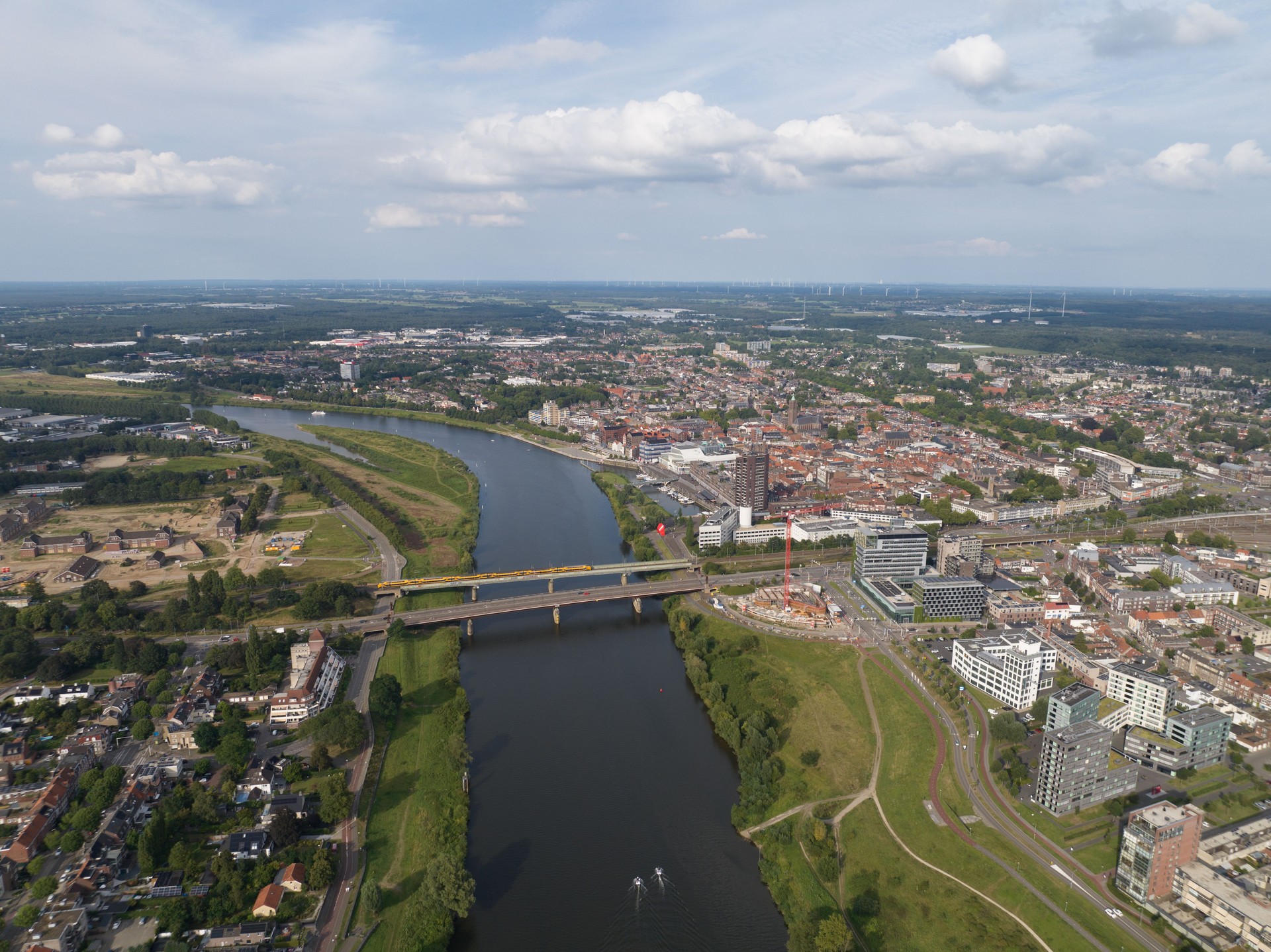 Venlo, city center overview, river meuse, buildings and infrastructure.